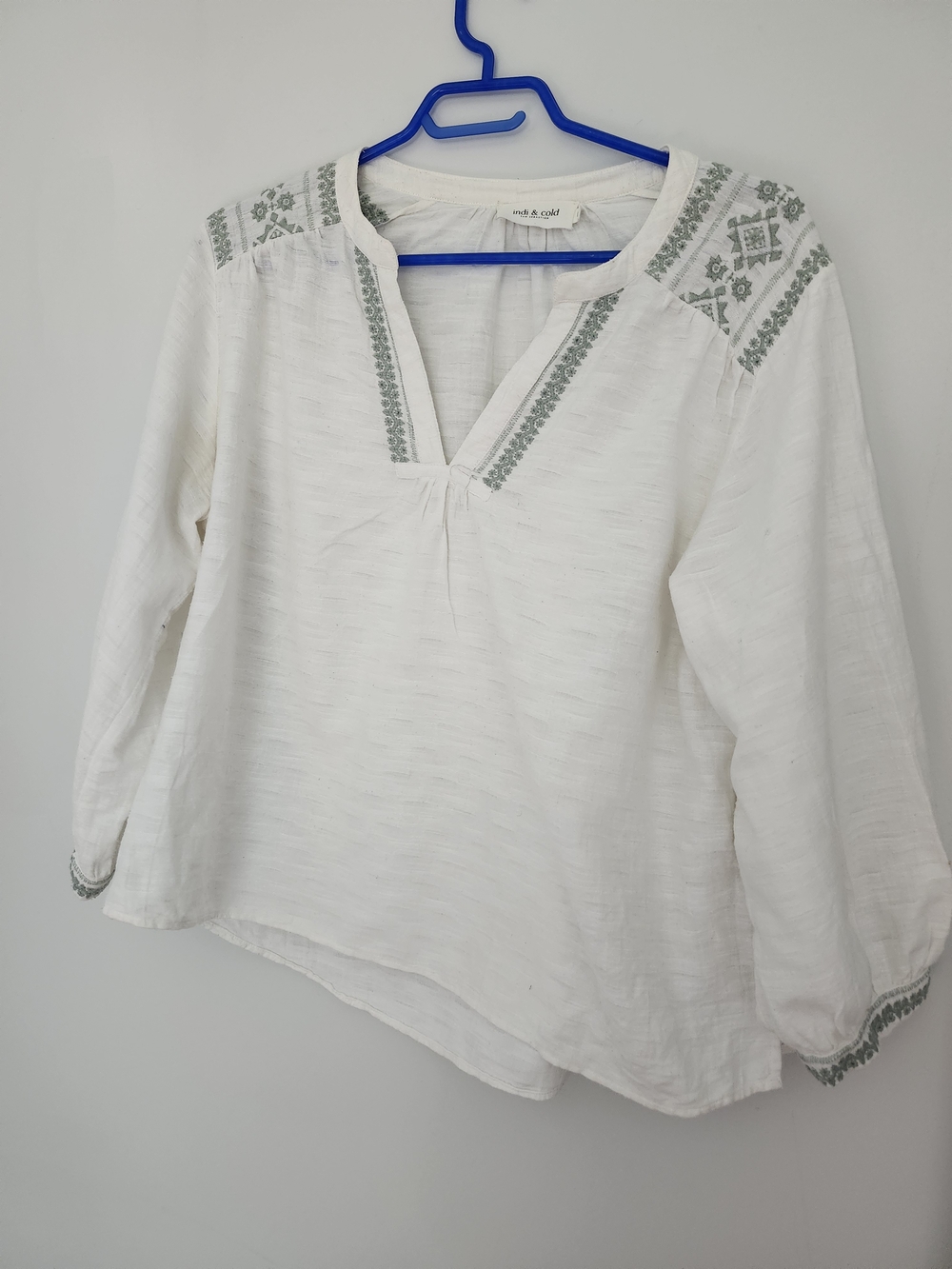 Indi & Cold Peasant Top | Large | White & Sage Green | Embroidered Cotton